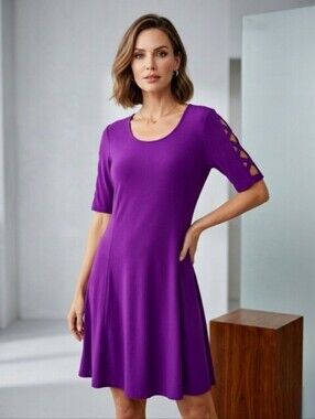 Susan Graver Purple Scoop Neck Peek A Boo 3/4 Sleeves Swing Dress Size Large